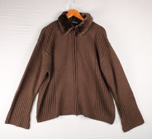 Vintage De Rothchild Full Zip 3X Brown Sweater Faux Fur Collar Ribbed Fall